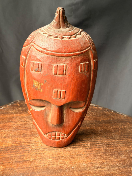 Vintage African Wood Mask Red Carved Forehead Panels Grooved Teeth Crest 10.5in