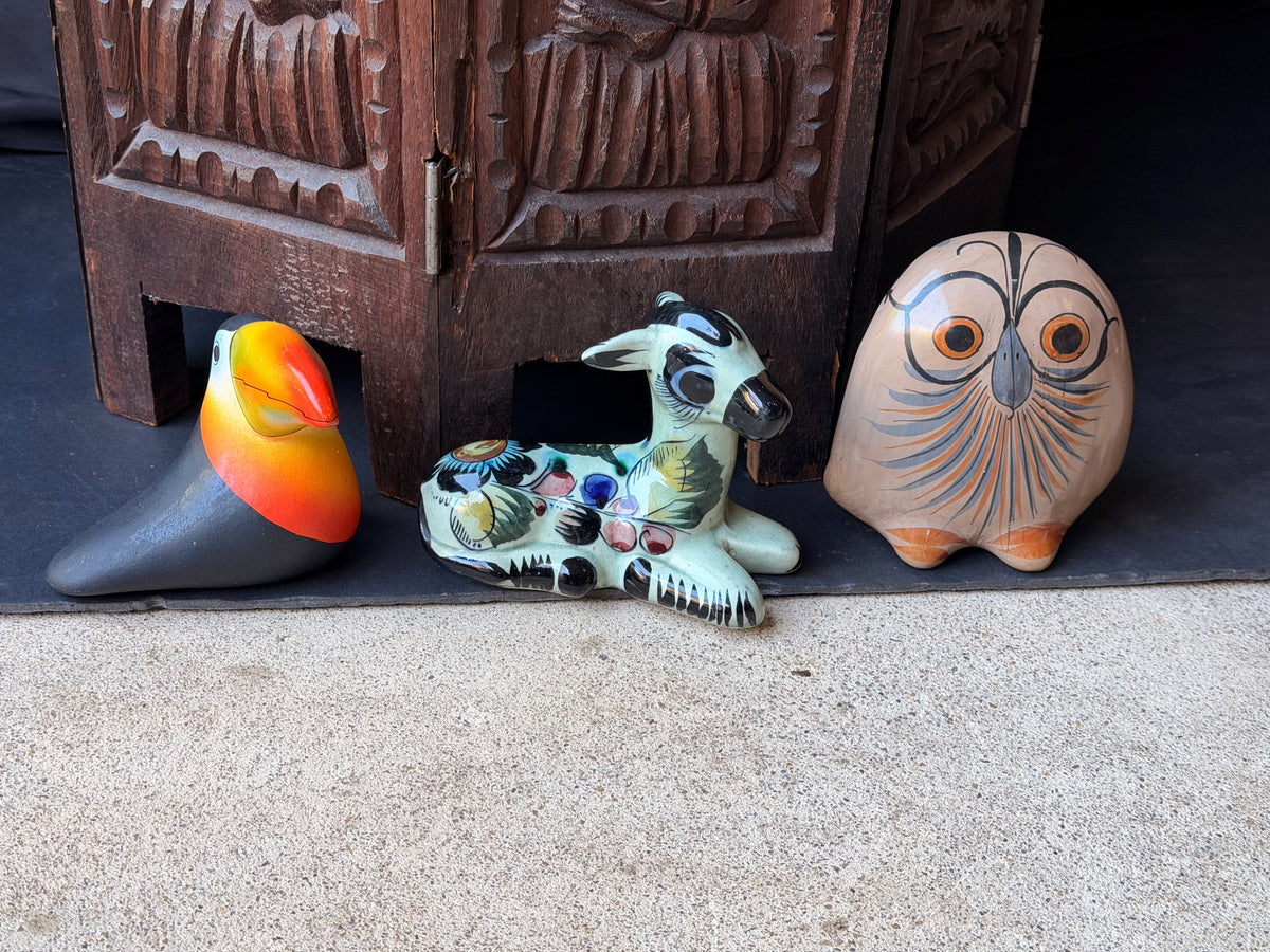 Vintage Tonala Mexican Pottery Owl Deer & Costa Rica Toucan Figurines Lot of 3