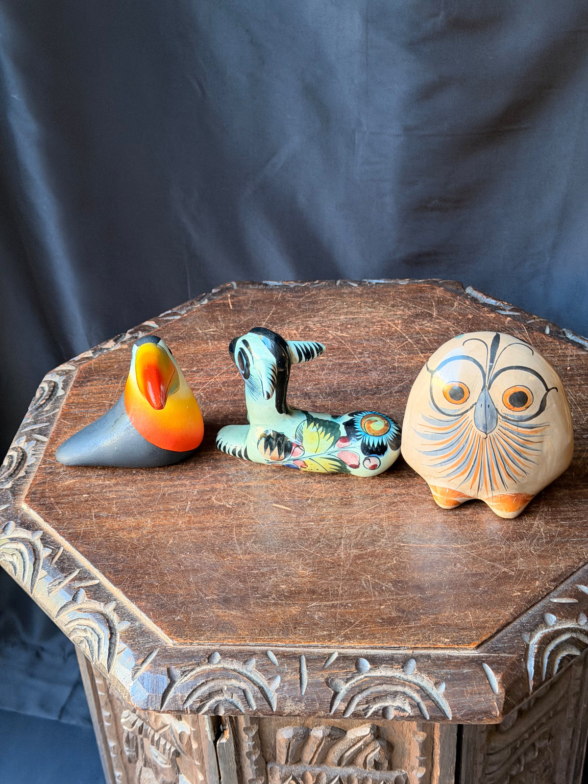 Vintage Tonala Mexican Pottery Owl Deer & Costa Rica Toucan Figurines Lot of 3