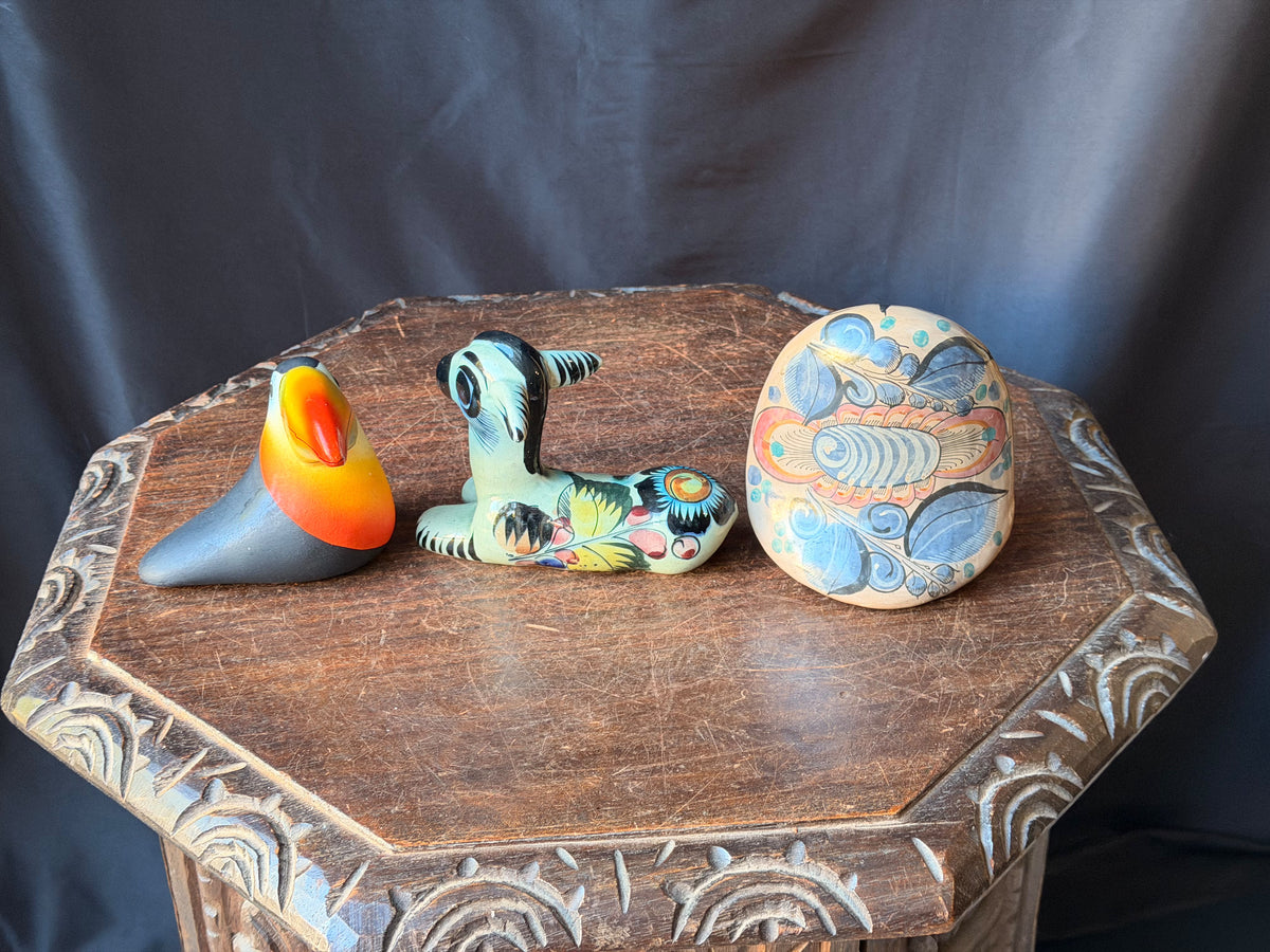 Vintage Tonala Mexican Pottery Owl Deer & Costa Rica Toucan Figurines Lot of 3