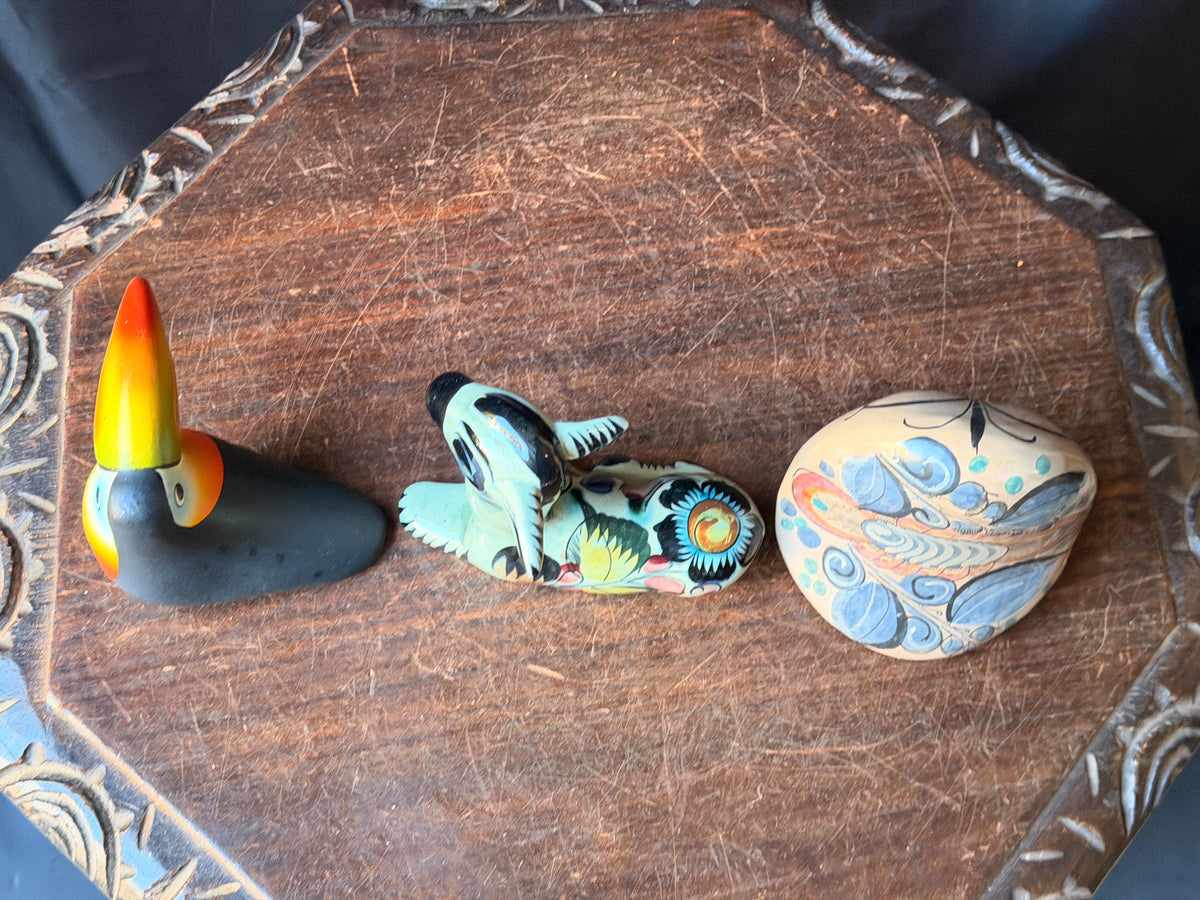 Vintage Tonala Mexican Pottery Owl Deer & Costa Rica Toucan Figurines Lot of 3
