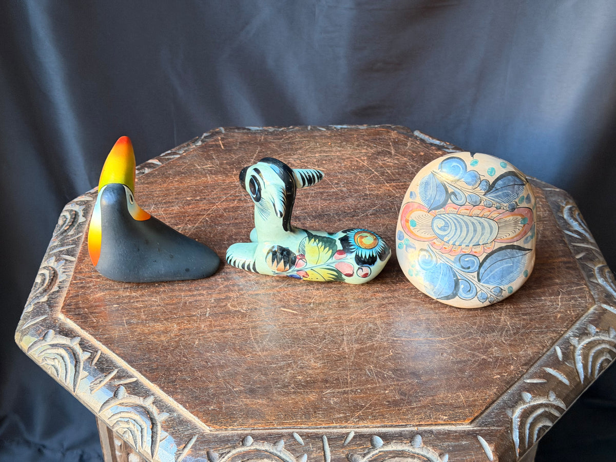 Vintage Tonala Mexican Pottery Owl Deer & Costa Rica Toucan Figurines Lot of 3
