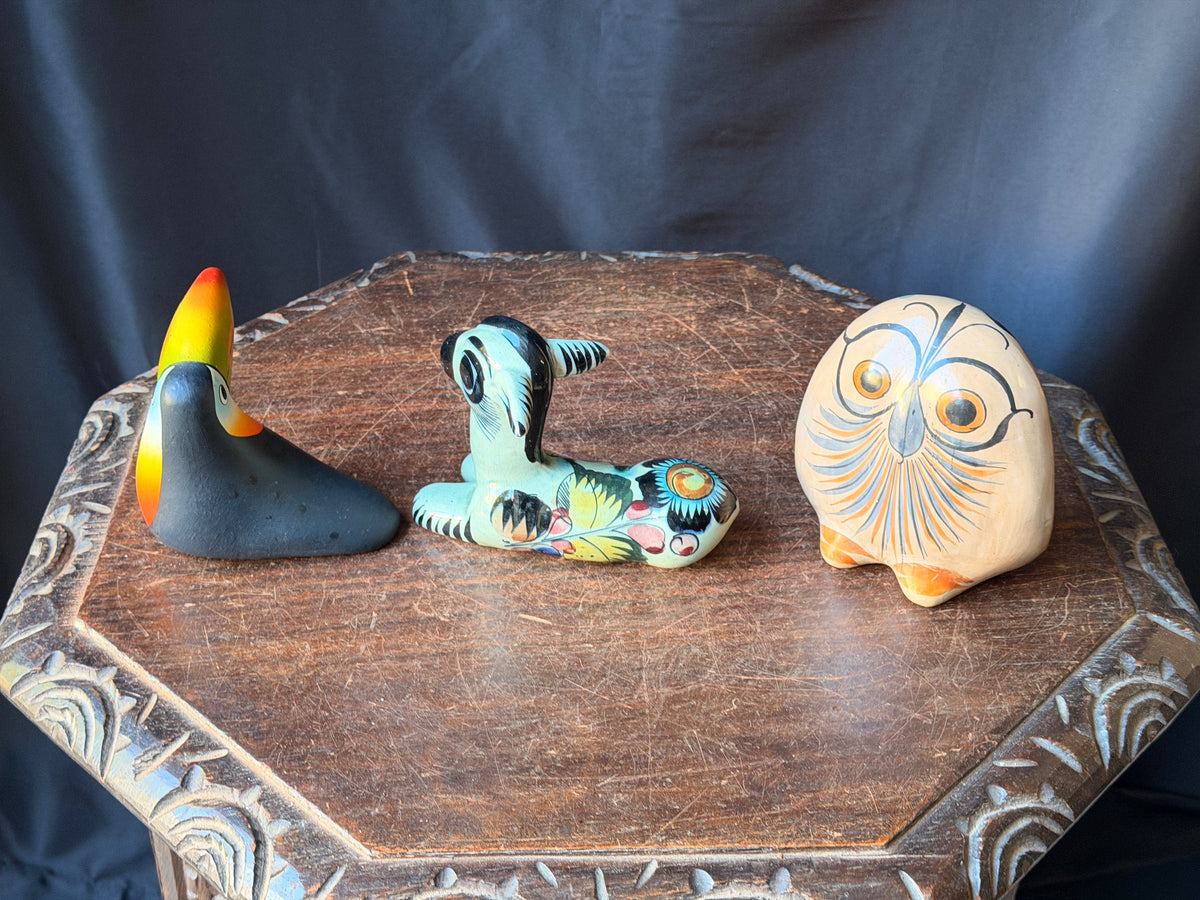 Vintage Tonala Mexican Pottery Owl Deer & Costa Rica Toucan Figurines Lot of 3