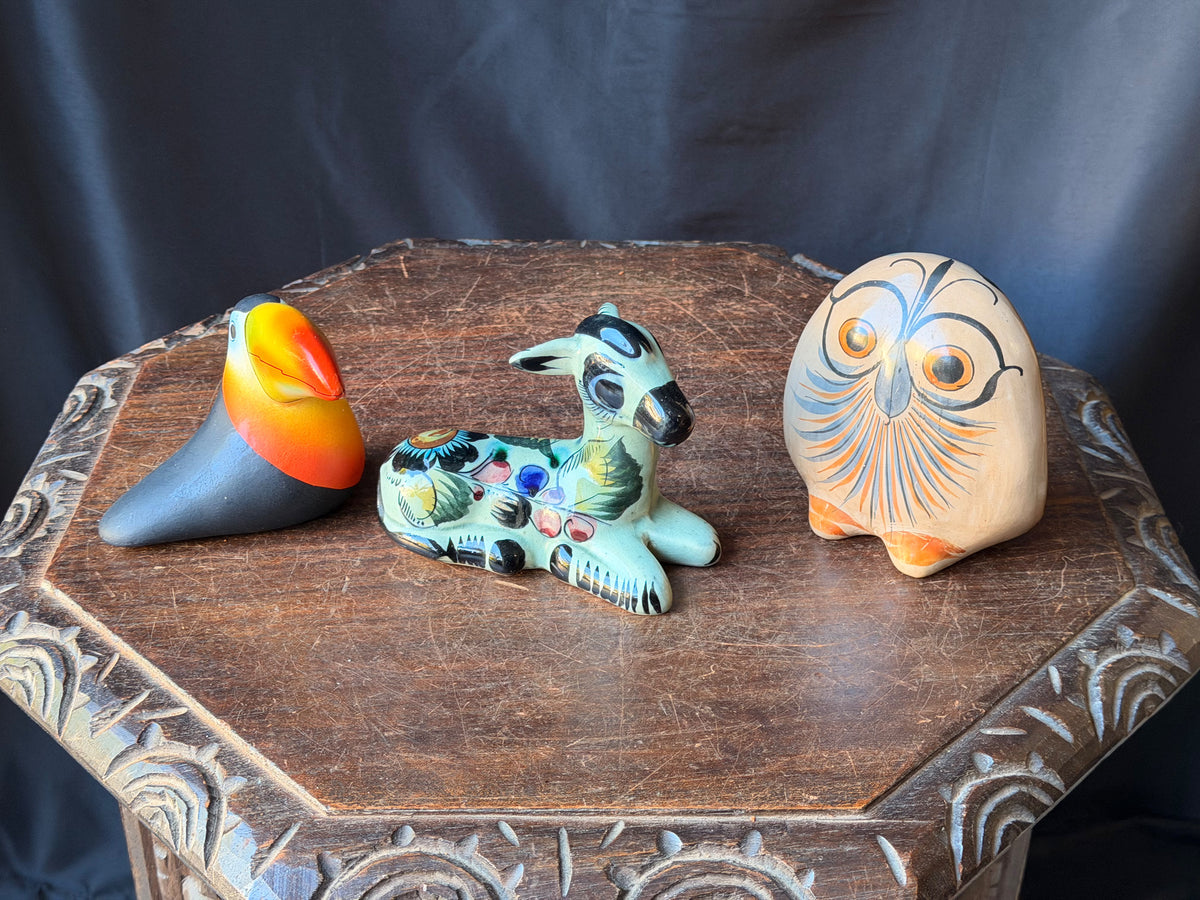 Vintage Tonala Mexican Pottery Owl Deer & Costa Rica Toucan Figurines Lot of 3