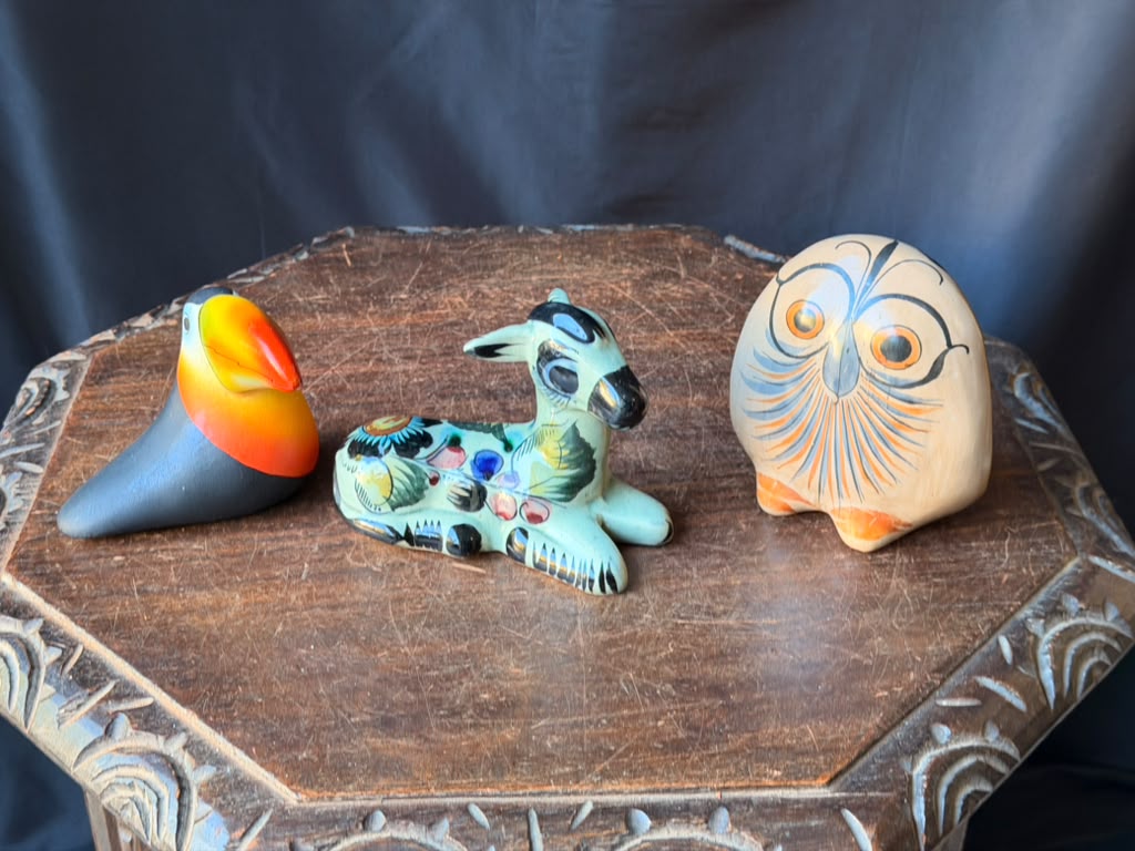 Vintage Tonala Mexican Pottery Owl Deer & Costa Rica Toucan Figurines Lot of 3