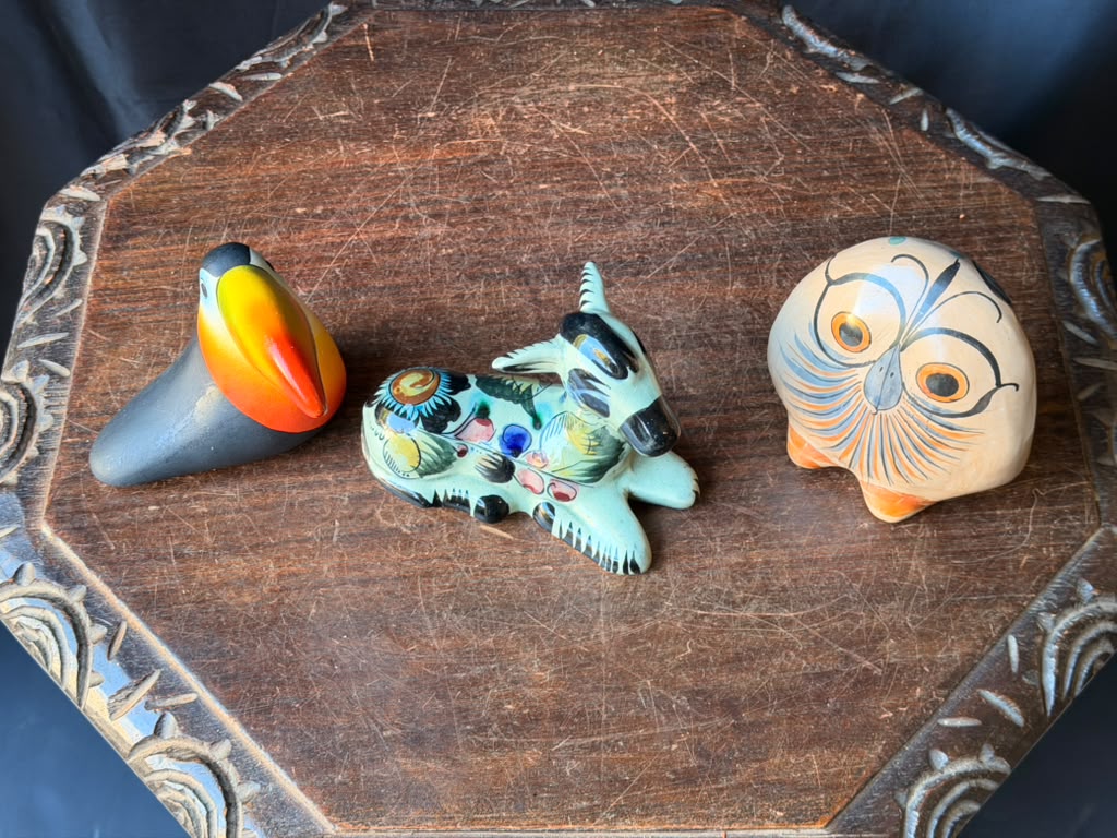 Vintage Tonala Mexican Pottery Owl Deer & Costa Rica Toucan Figurines Lot of 3