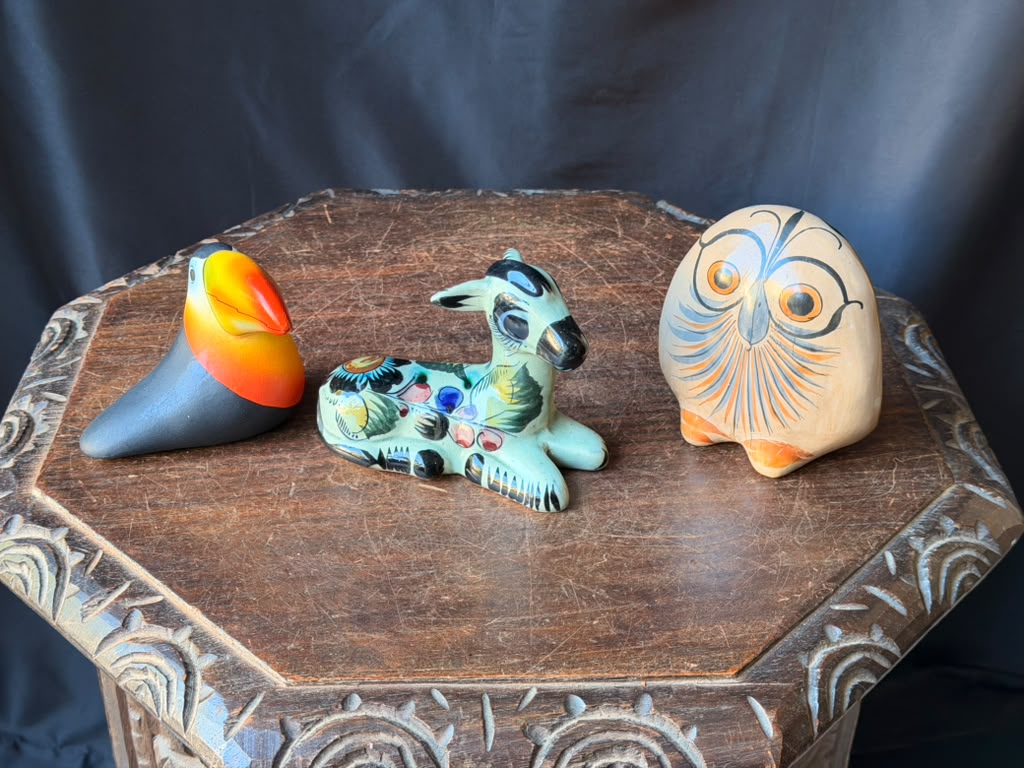 Vintage Tonala Mexican Pottery Owl Deer & Costa Rica Toucan Figurines Lot of 3