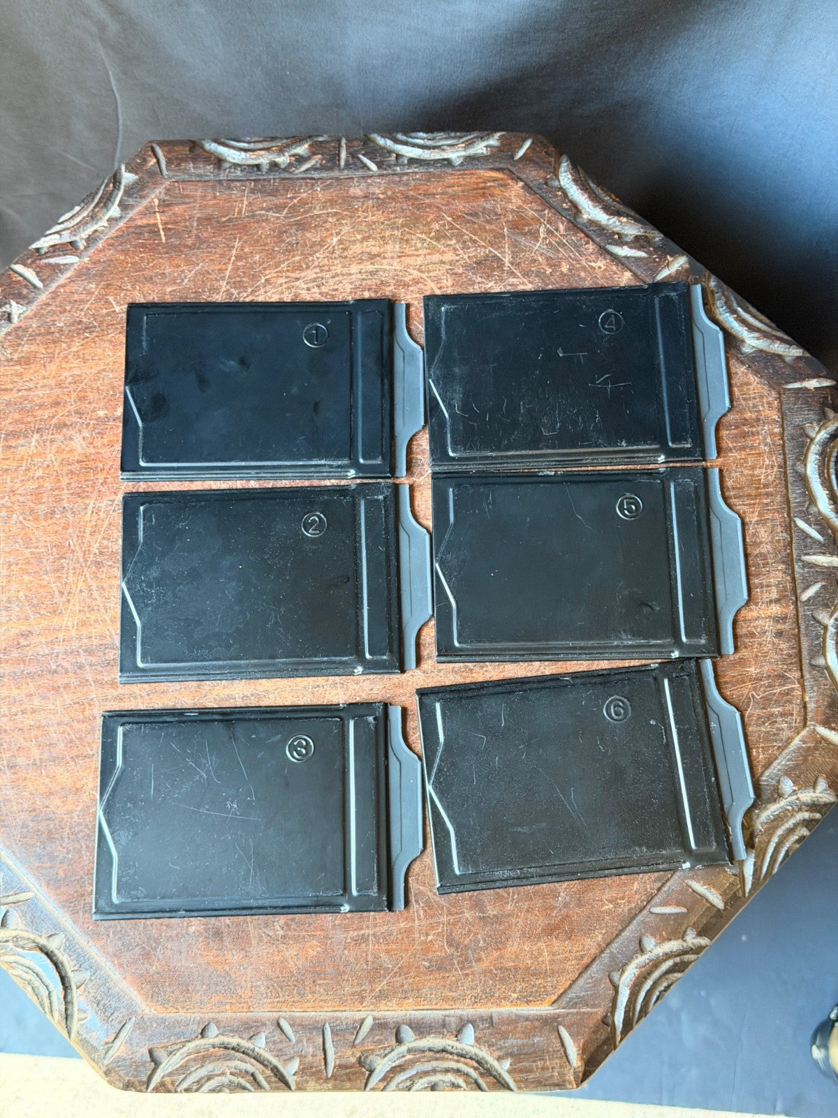 6 Vintage Metal Plate Film Holders Numbered 1-6, Each 5.75 x 3.7 in (14.6 x 9.4 cm)