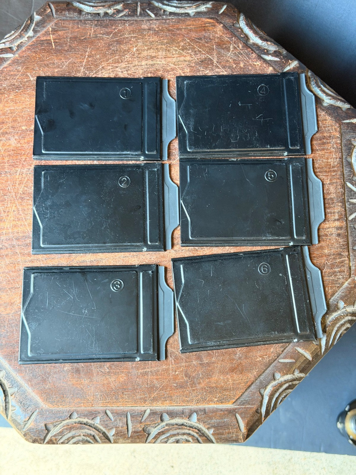 6 Vintage Metal Plate Film Holders Numbered 1-6, Each 5.75 x 3.7 in (14.6 x 9.4 cm)