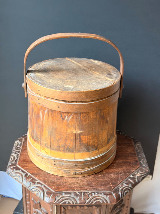 Antique Primitive Wood Firkin Sugar Bucket Covered Bentwood Handle Box 12.5in