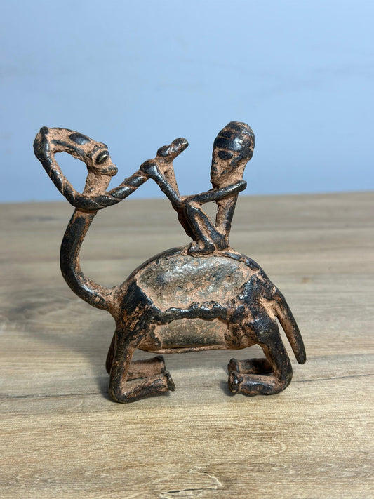 Mali Empire Dogon Bronze Figure - Warrior on Camel - African Art - 4x4x1"