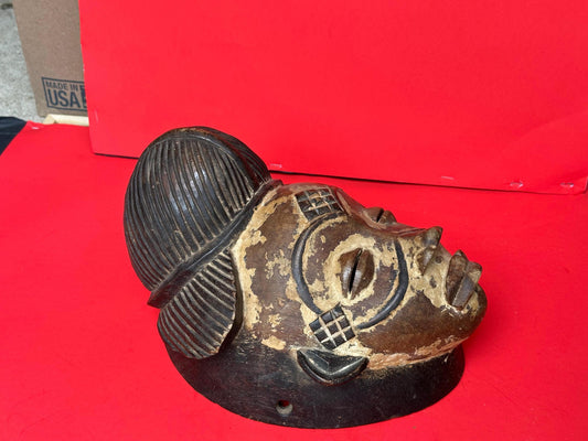Vintage Punu Okuyi Mukudj Mask Carved Wood Gabon African Tribal Art 12"