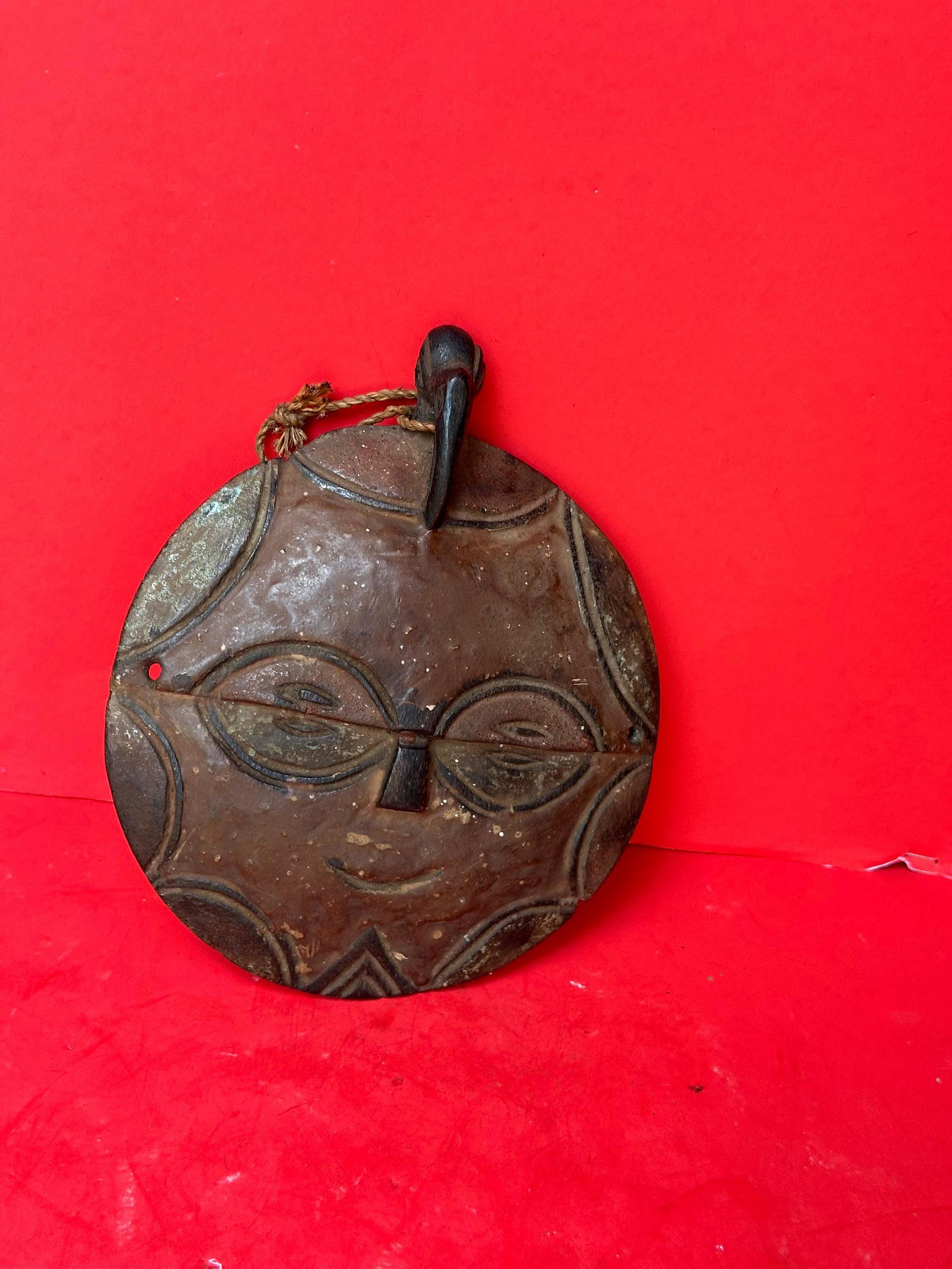 Vintage Teke Flat Face Mask - 8" Circular African Tribal Art (DRC / Congo)