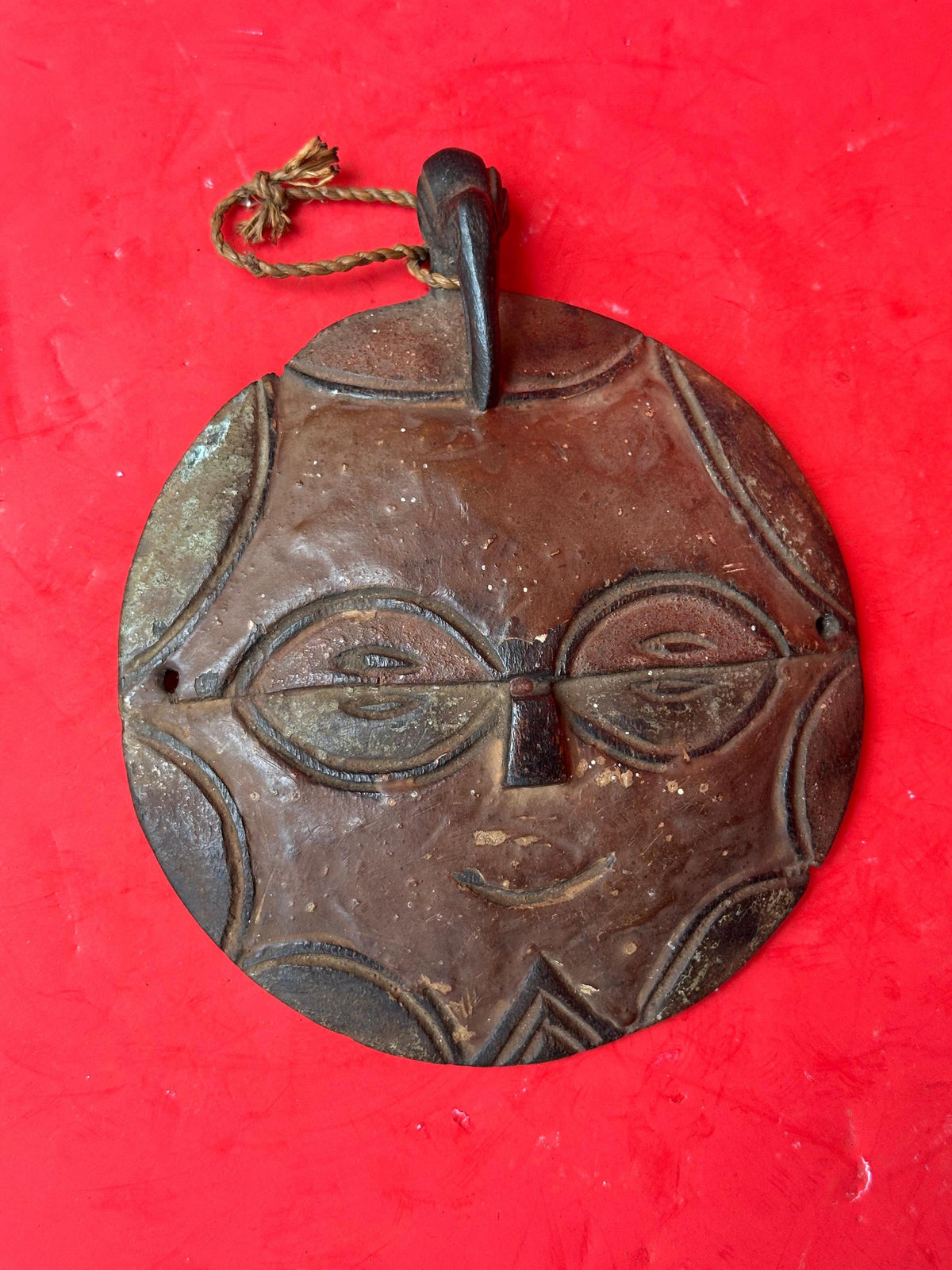 Vintage Teke Flat Face Mask - 8" Circular African Tribal Art (DRC / Congo)