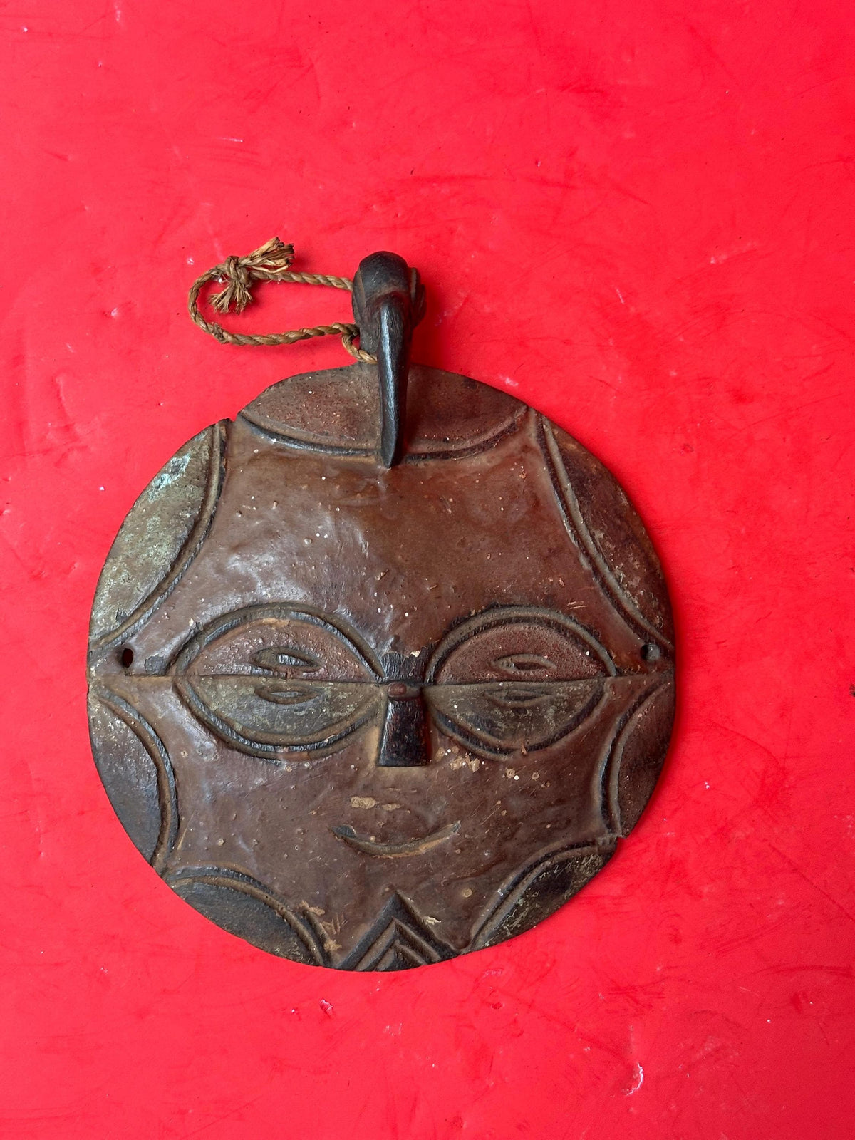 Vintage Teke Flat Face Mask - 8" Circular African Tribal Art (DRC / Congo)