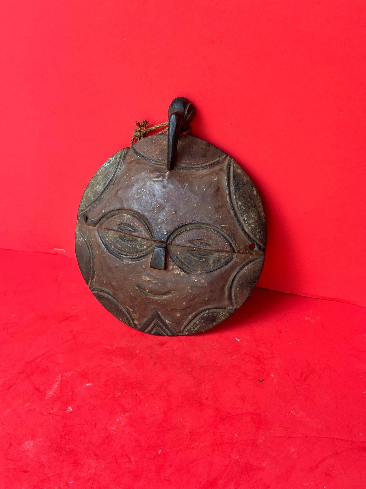 Vintage Teke Flat Face Mask - 8" Circular African Tribal Art (DRC / Congo)