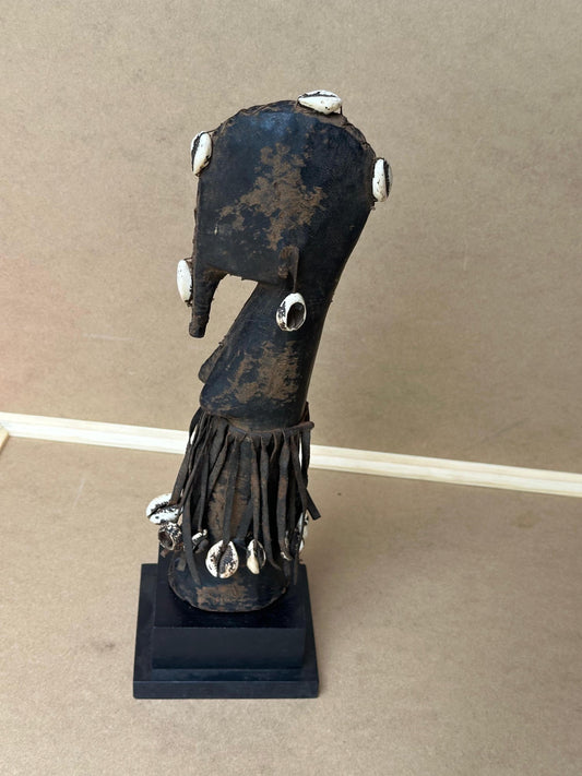 Vintage Mossi Biga Doll Leather Cowrie Shells Carved Wood Burkina Faso 14"