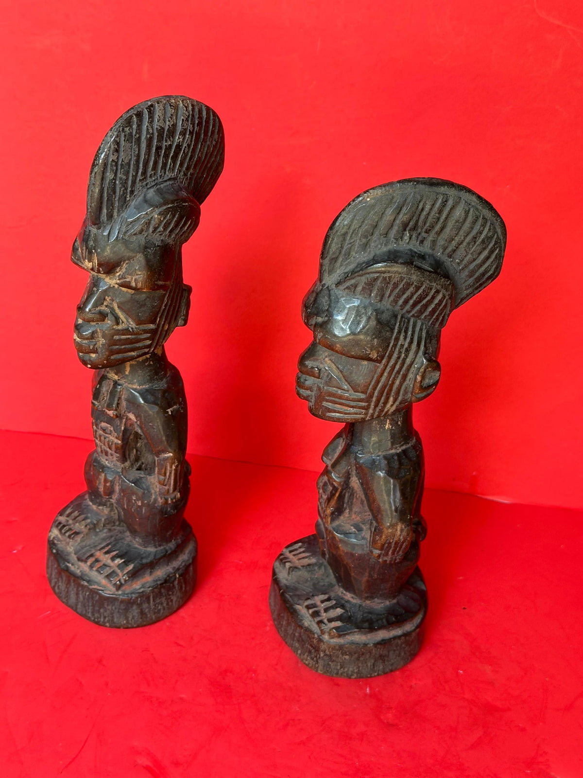 Yoruba Female Ibeji Twin Set - 11" Carved Wood Pair | African Tribal Art Decor