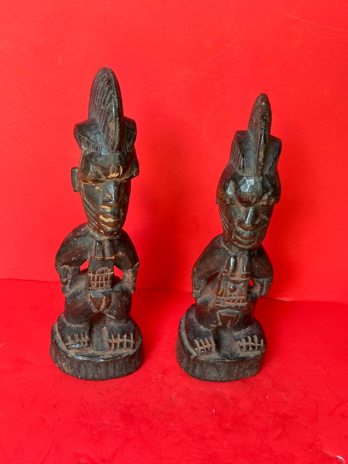 Yoruba Female Ibeji Twin Set - 11" Carved Wood Pair | African Tribal Art Decor