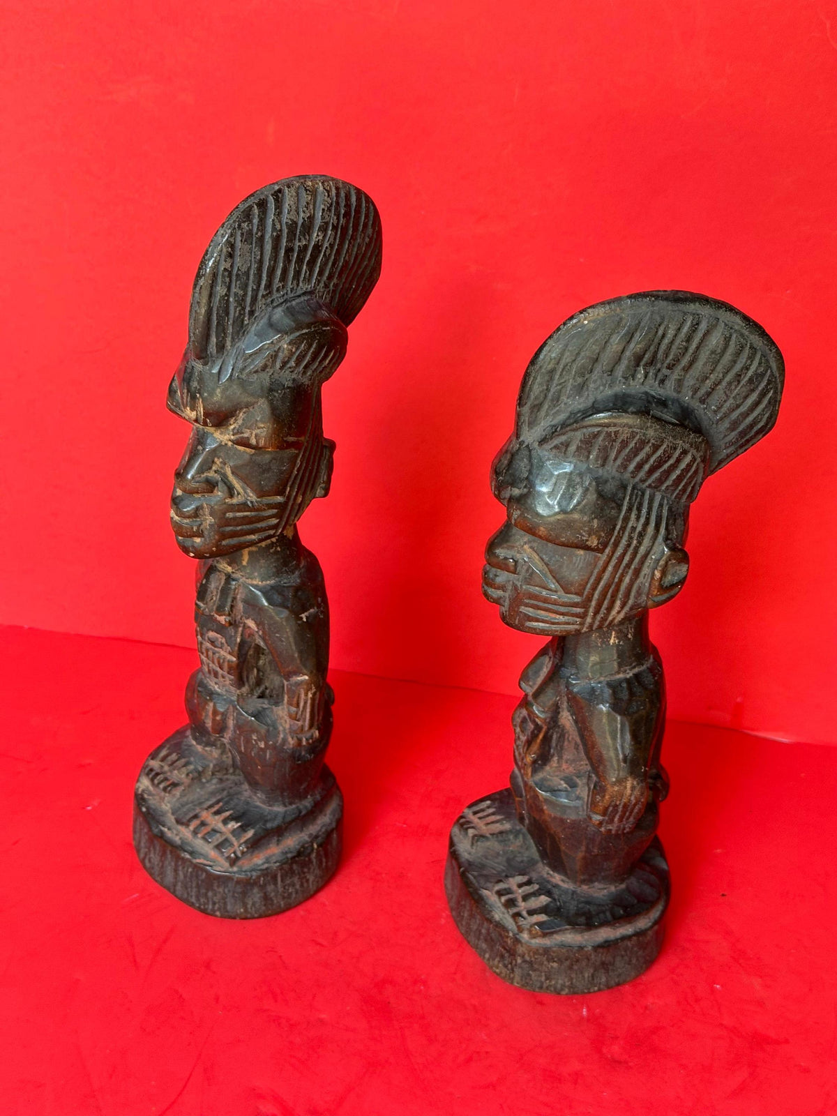 Yoruba Female Ibeji Twin Set - 11" Carved Wood Pair | African Tribal Art Decor
