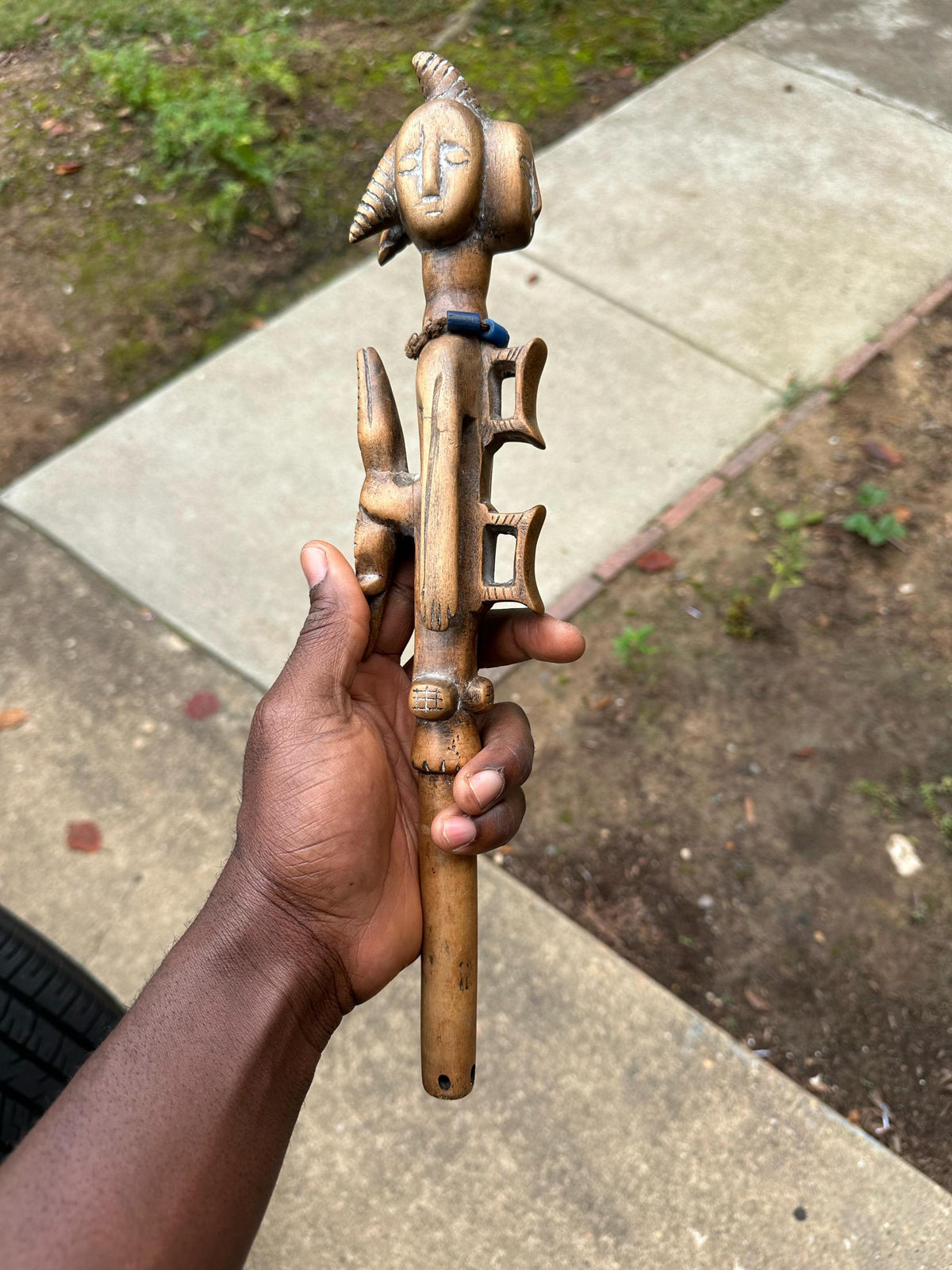 Vintage Ewe Ceremonial Wand/Baton (Heda) - Triple-Faced Janus Finial with Crocodile