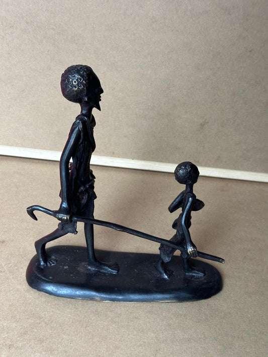 Vintage Fulani Bronze Sculpture - Herder and Child - Lost-Wax Casting 9" Tall