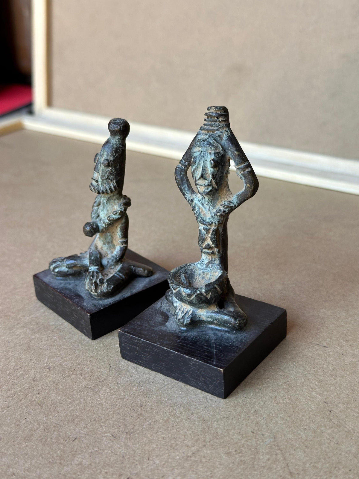 Vintage Dogon Style Bronze Figures Pair Seated Male Female Mali African Art