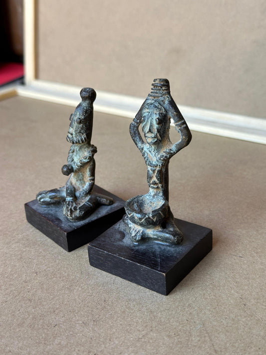 Vintage Dogon Style Bronze Figures Pair Seated Male Female Mali African Art