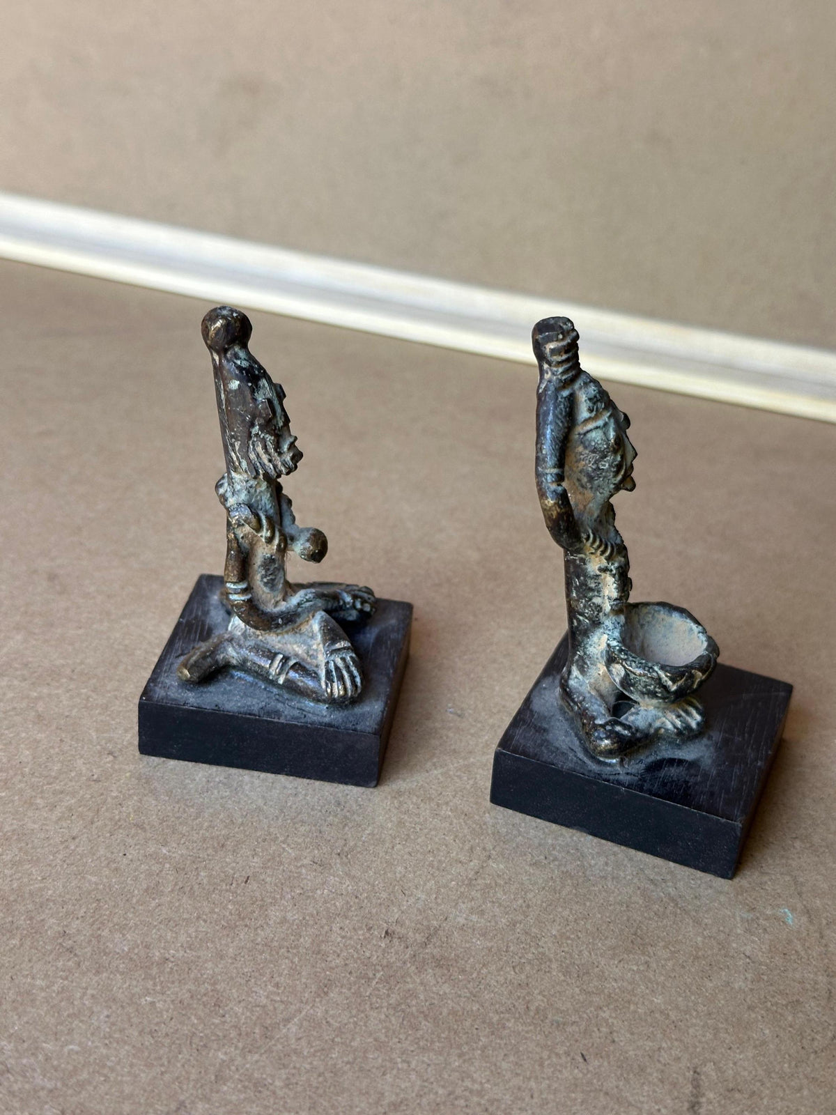 Vintage Dogon Style Bronze Figures Pair Seated Male Female Mali African Art