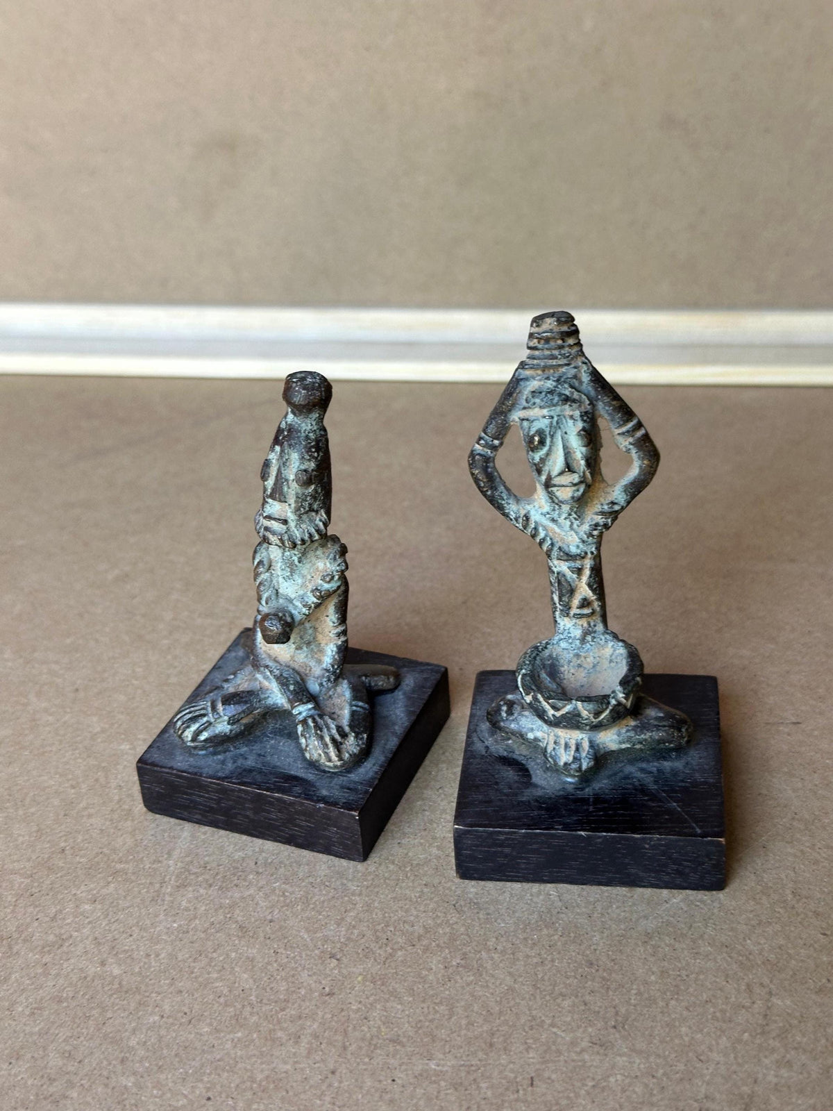 Vintage Dogon Style Bronze Figures Pair Seated Male Female Mali African Art