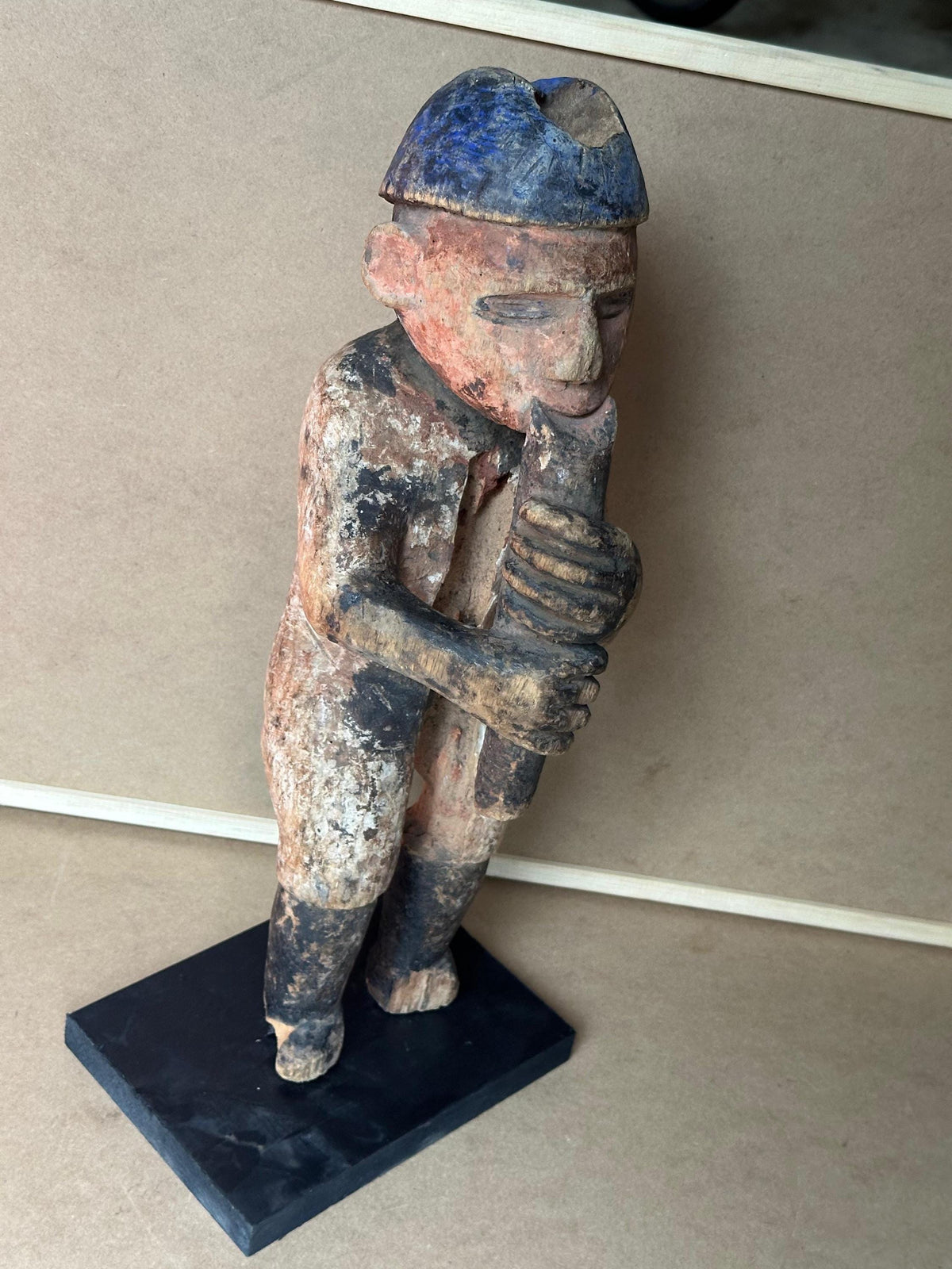 Vintage Urhobo Male Figure Playing a Flute - Nigeria, Niger Delta | African Tribal Art Decor