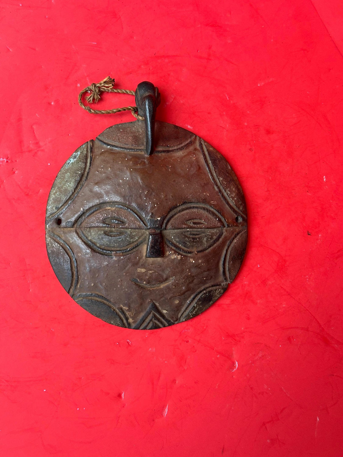 Vintage Teke Flat Face Mask - 8" Circular African Tribal Art (DRC / Congo)