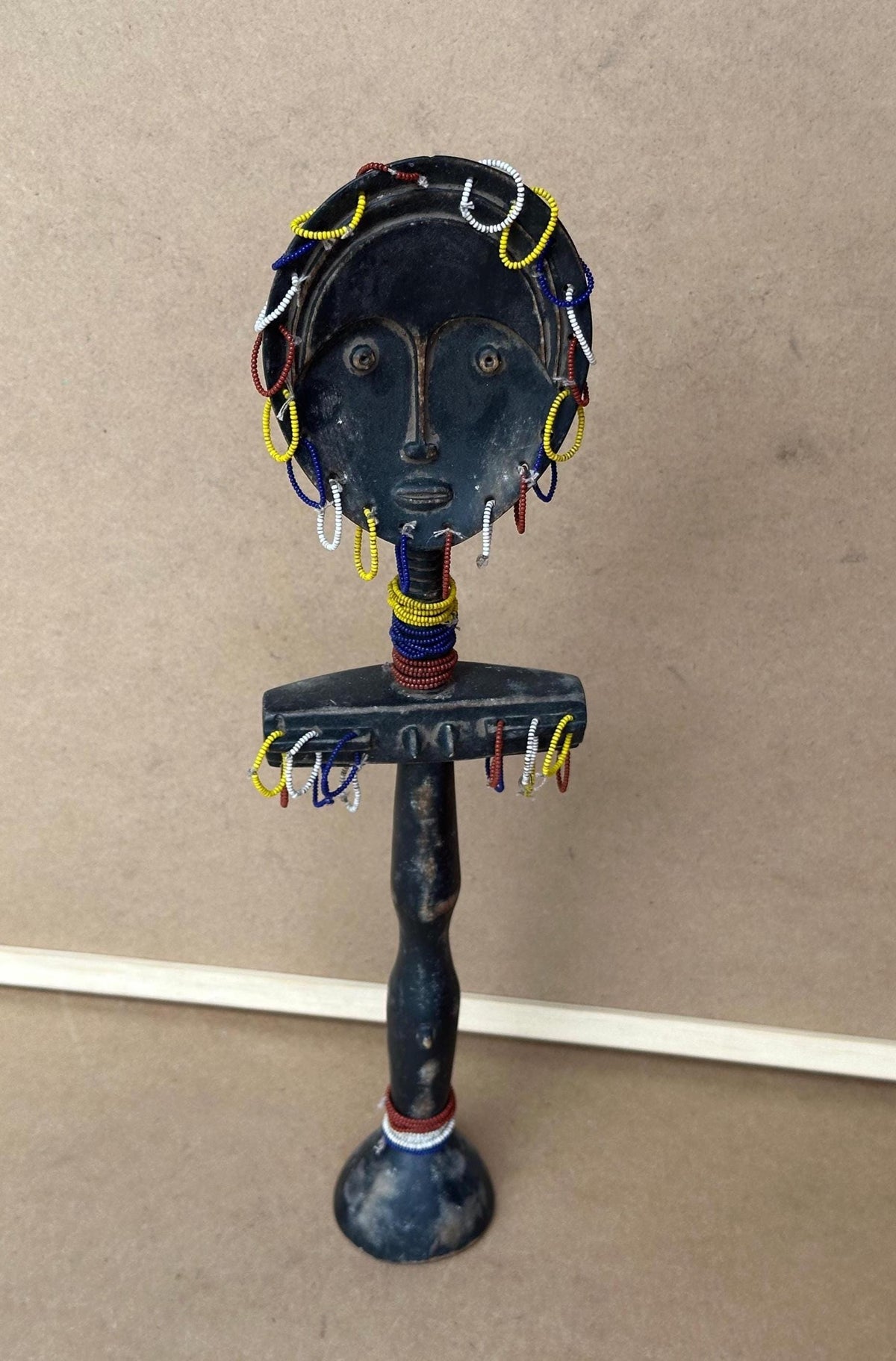 Vintage Ashanti Akuaba Fertility Doll Beaded Carved Wood Ghana African 13.5"