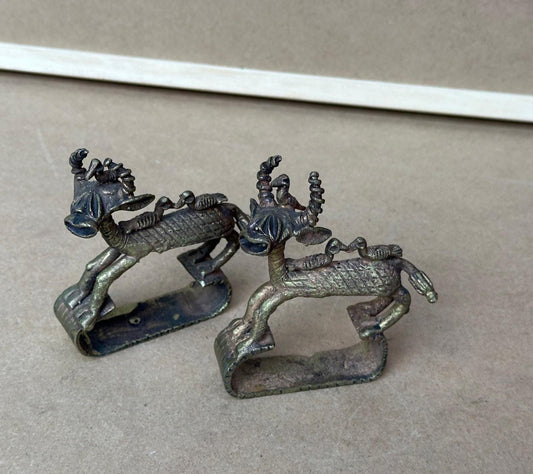 Vintage West African Bronze Animal Towel Holders Pair Cast Metal Decor