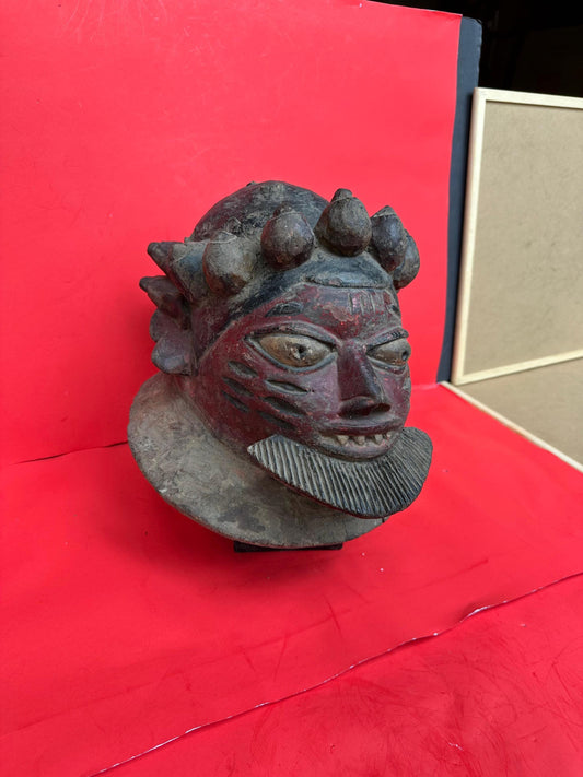 Vintage Yoruba Egungun Helmet Mask Carved Wood Polychrome Kaolin Nigeria Art