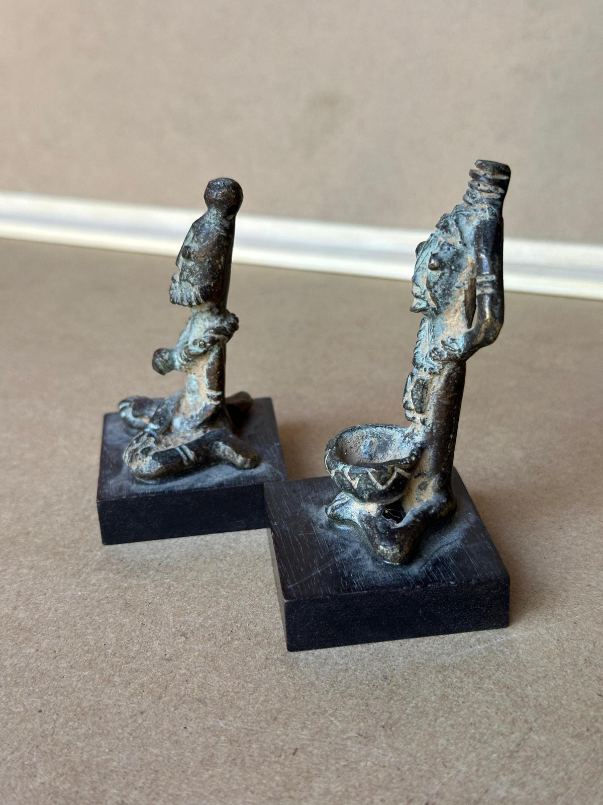 Vintage Dogon Style Bronze Figures Pair Seated Male Female Mali African Art