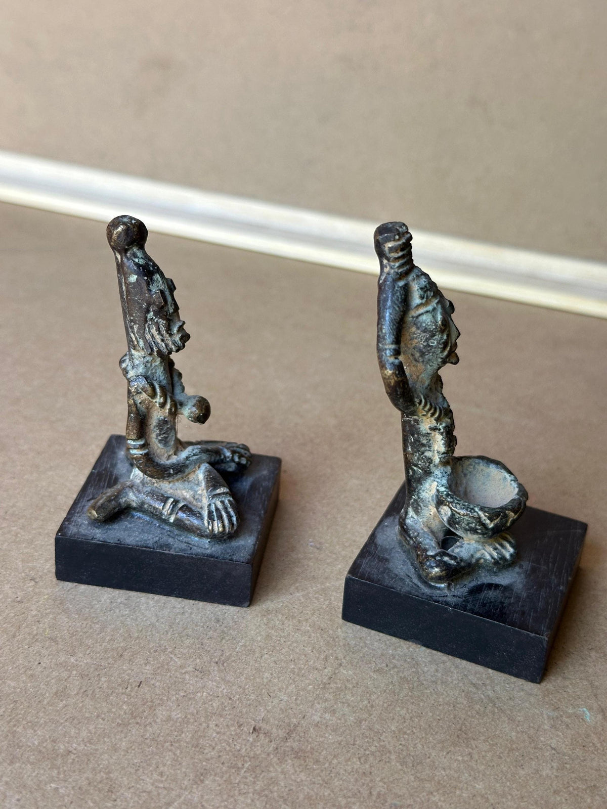 Vintage Dogon Style Bronze Figures Pair Seated Male Female Mali African Art