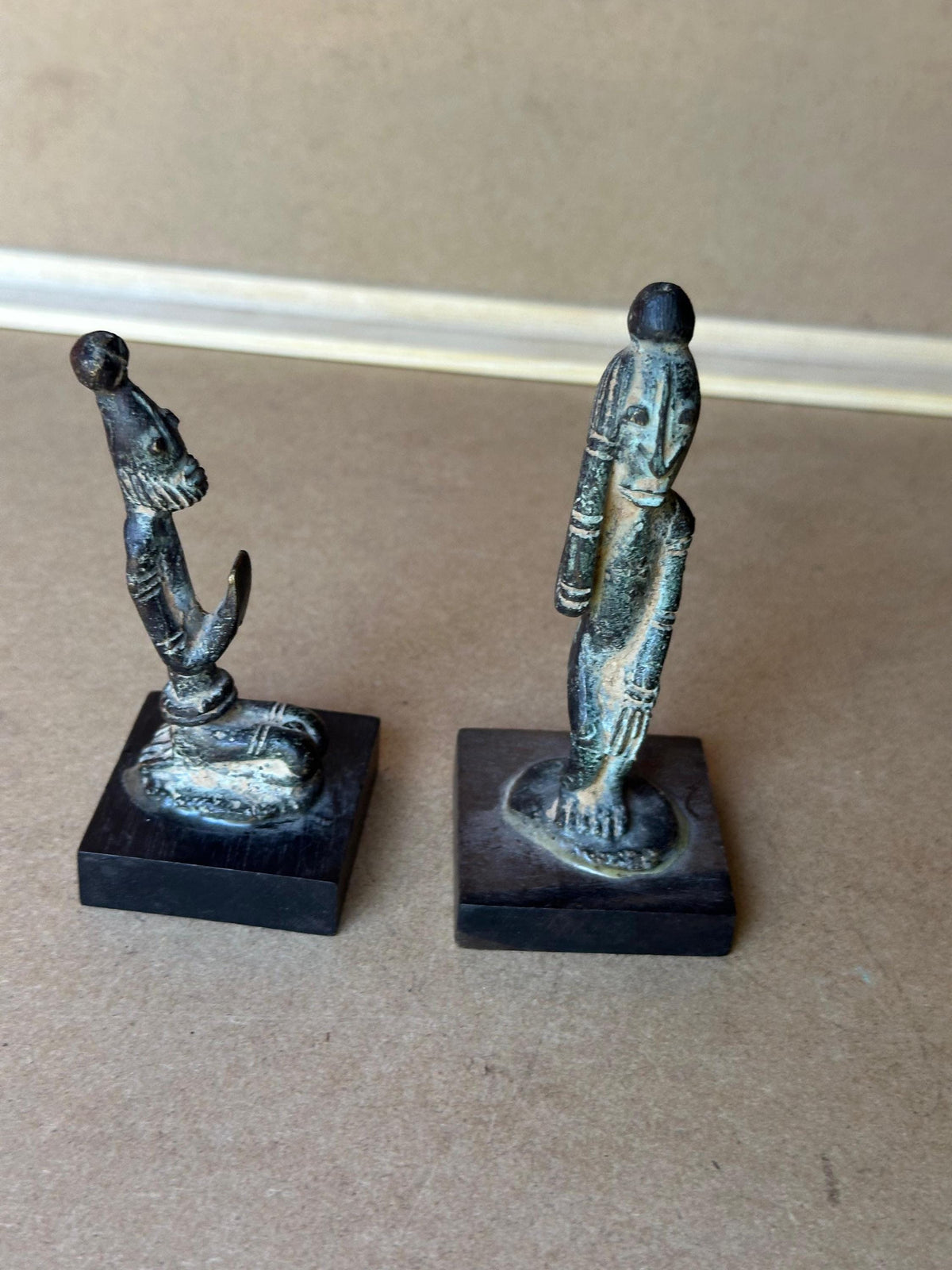 Vintage Dogon Bronze Figures Pair Standing Prostrate Poses Mali African Art