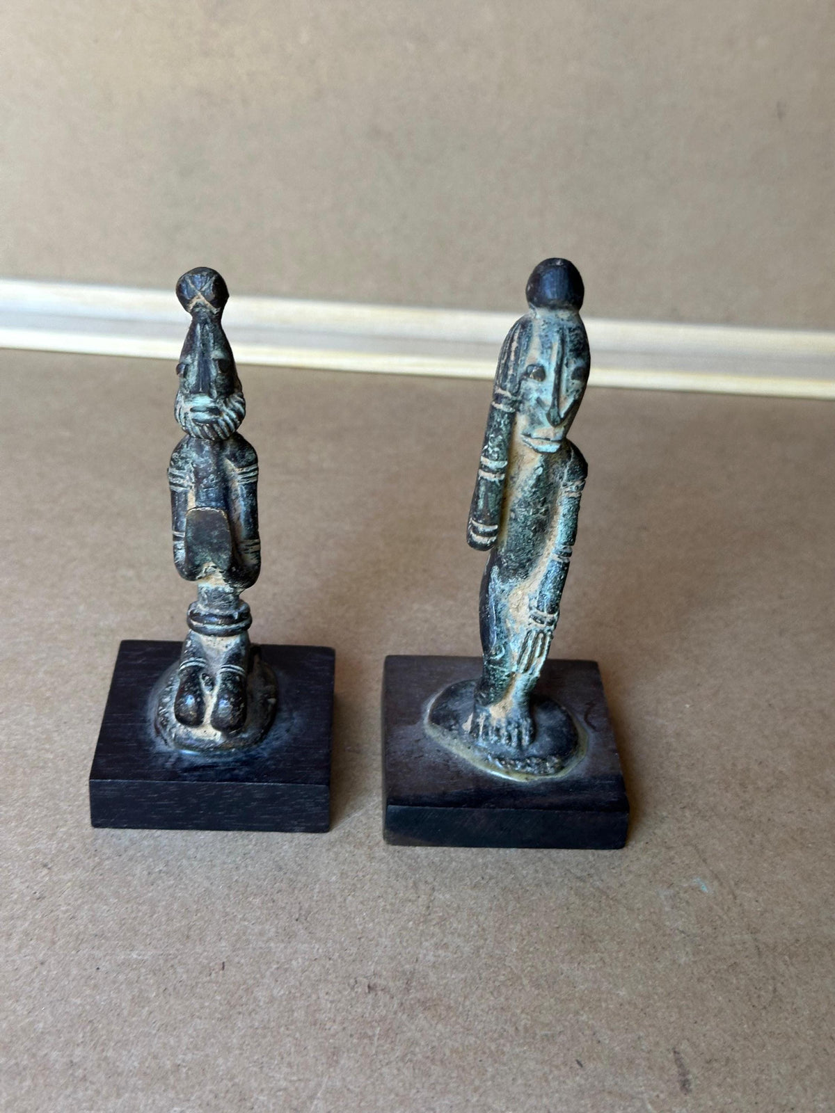 Vintage Dogon Bronze Figures Pair Standing Prostrate Poses Mali African Art