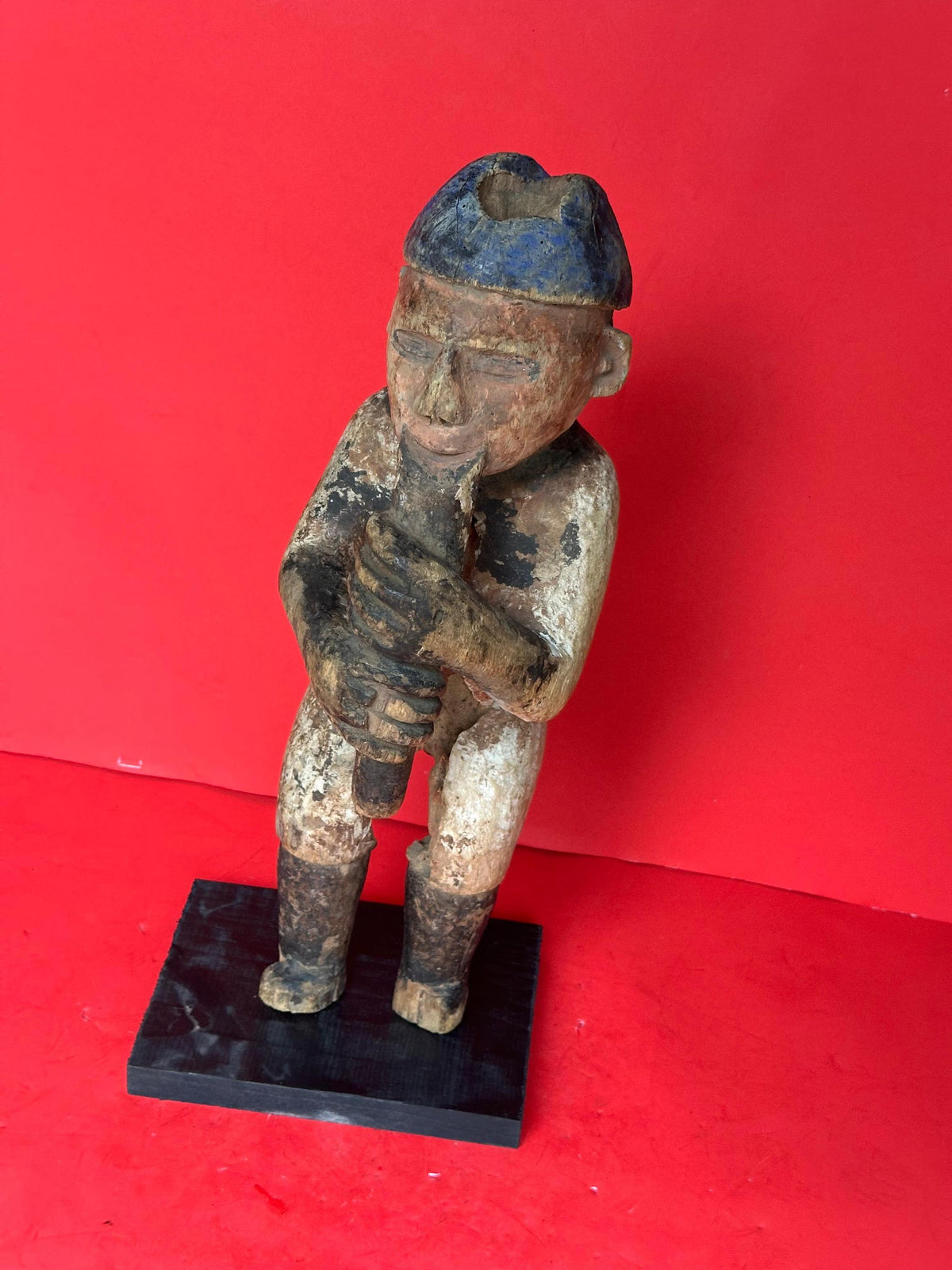 Vintage Urhobo Male Figure Playing a Flute - Nigeria, Niger Delta | African Tribal Art Decor