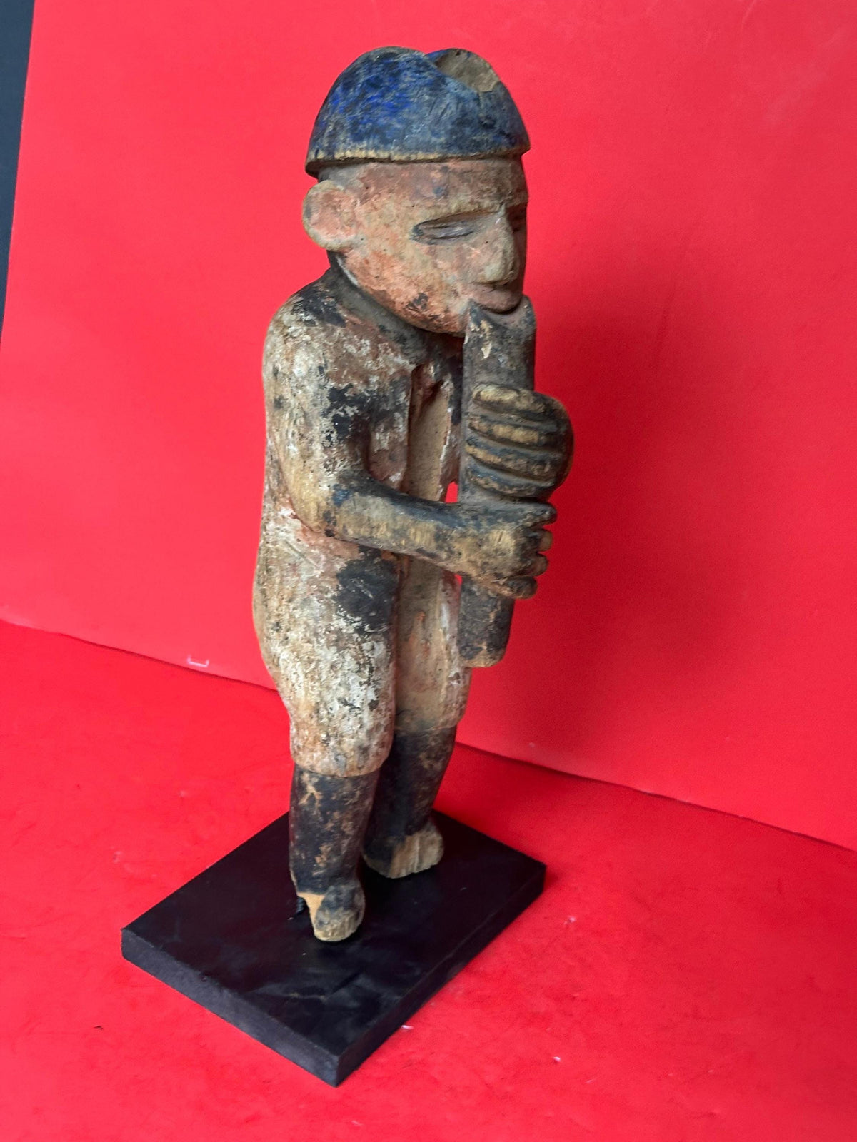 Vintage Urhobo Male Figure Playing a Flute - Nigeria, Niger Delta | African Tribal Art Decor