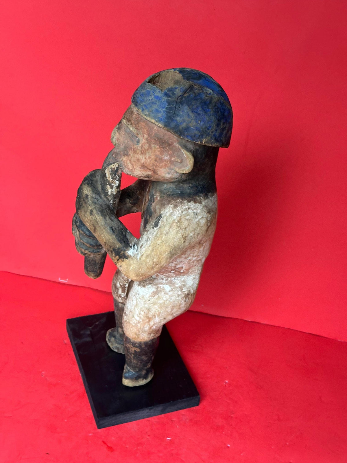 Vintage Urhobo Male Figure Playing a Flute - Nigeria, Niger Delta | African Tribal Art Decor