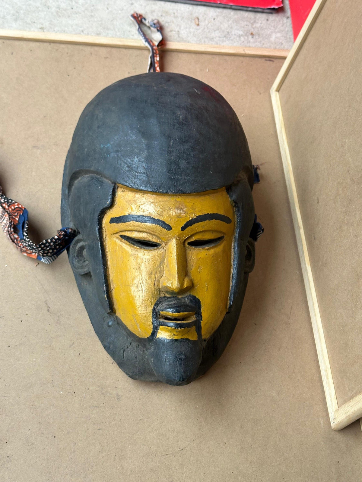 Vintage Yoruba Egungun Mask Ancestral Portrait Black Yellow Carved Wood 13.5"