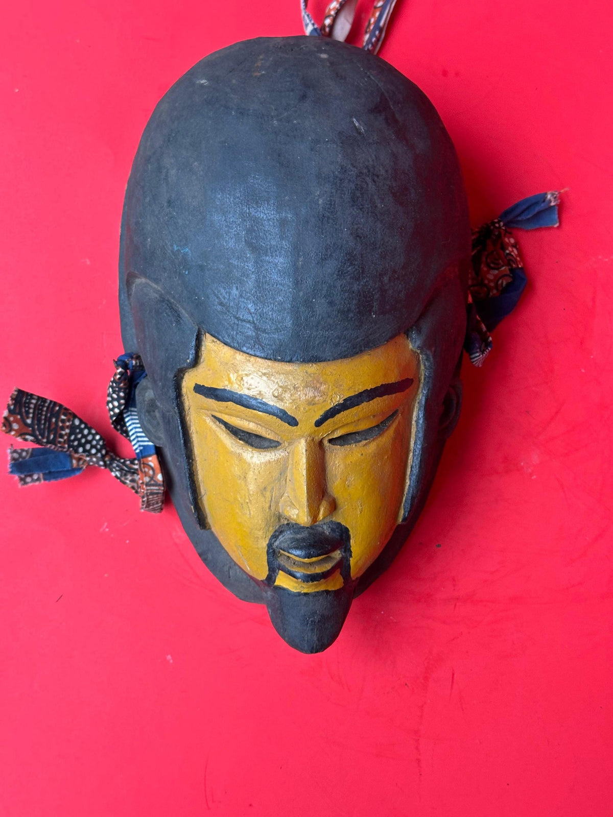 Vintage Yoruba Egungun Mask Ancestral Portrait Black Yellow Carved Wood 13.5"