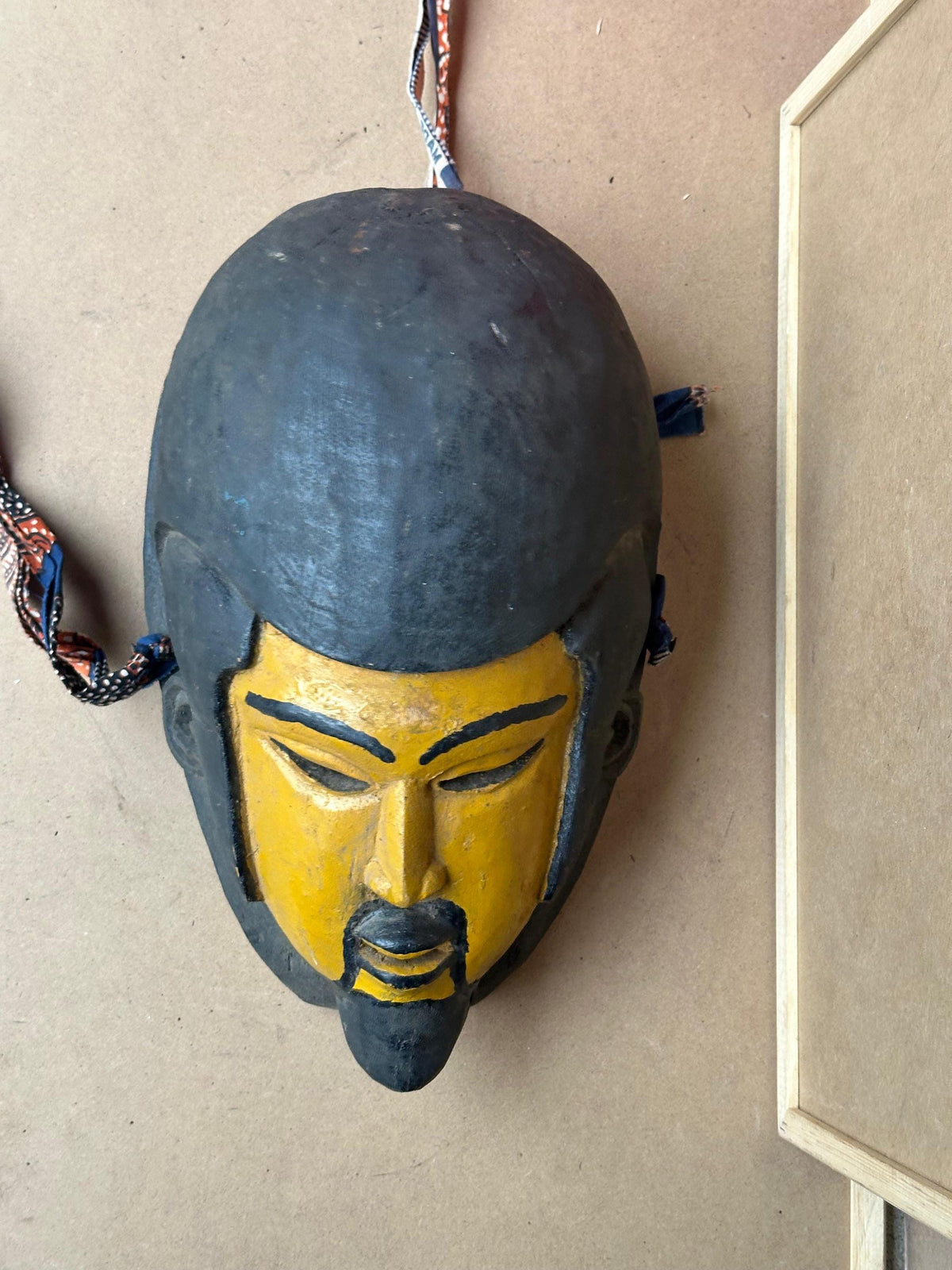 Vintage Yoruba Egungun Mask Ancestral Portrait Black Yellow Carved Wood 13.5"