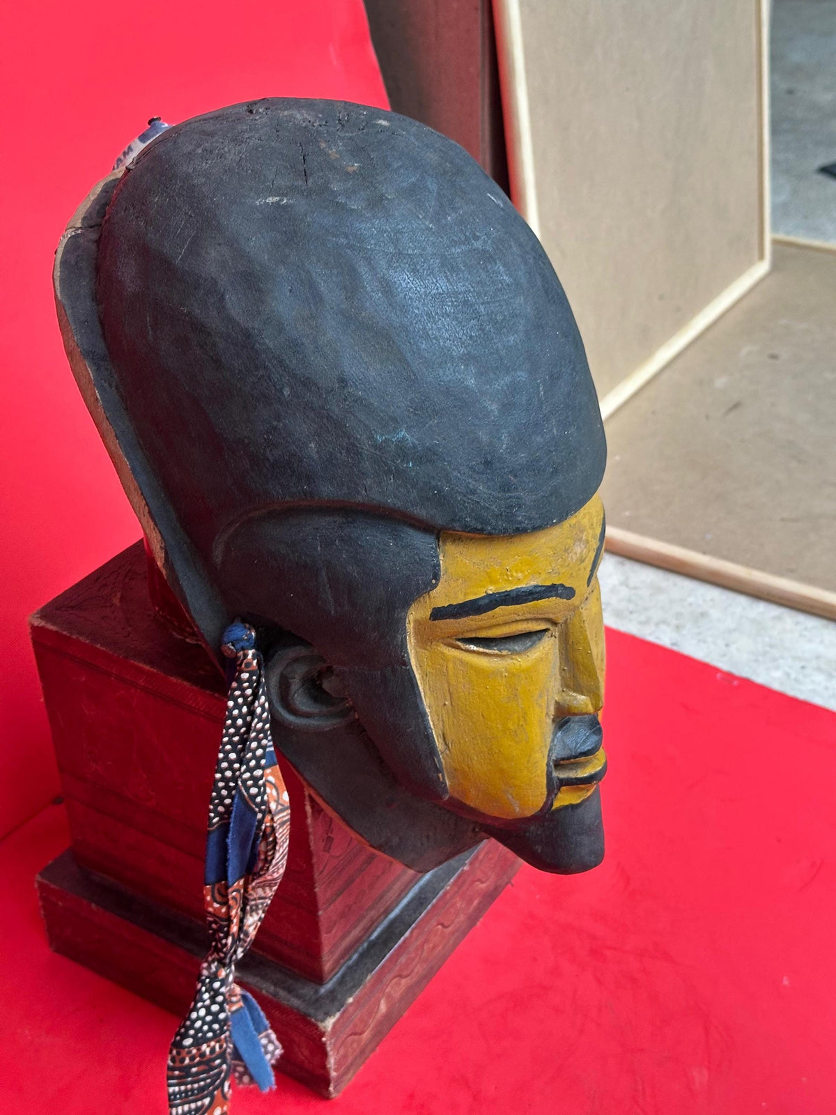 Vintage Yoruba Egungun Mask Ancestral Portrait Black Yellow Carved Wood 13.5"