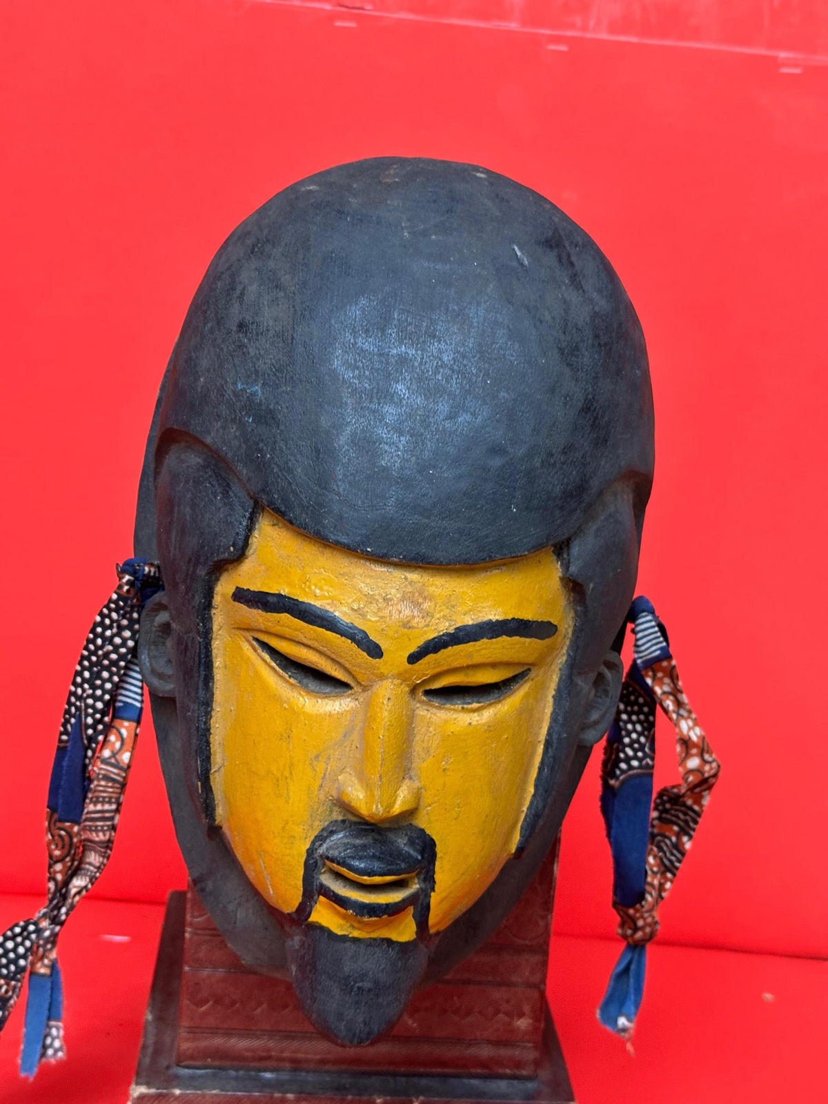 Vintage Yoruba Egungun Mask Ancestral Portrait Black Yellow Carved Wood 13.5"