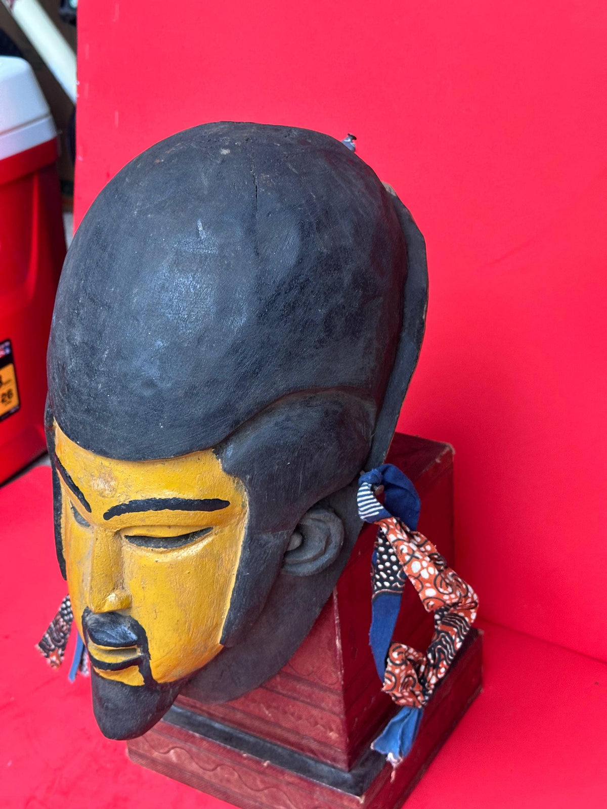 Vintage Yoruba Egungun Mask Ancestral Portrait Black Yellow Carved Wood 13.5"