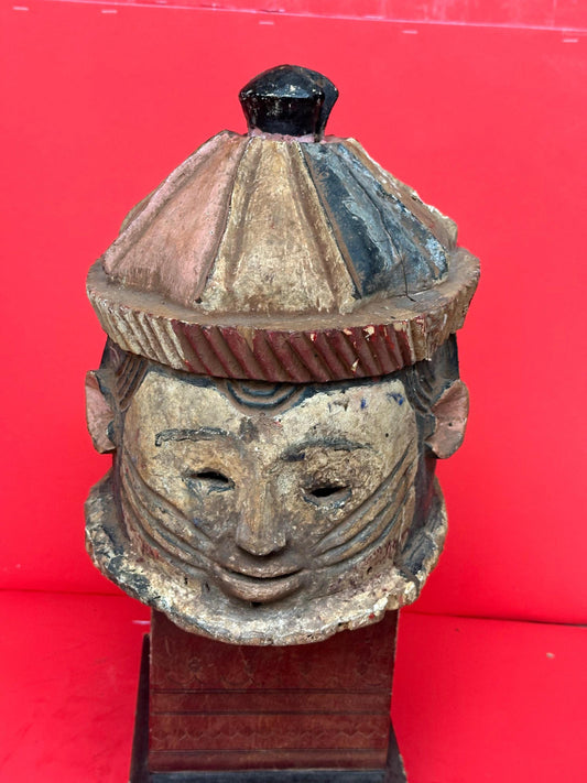 Vintage Igala Helmet Mask Ancestral Portrait Carved Wood Nigeria African 10"
