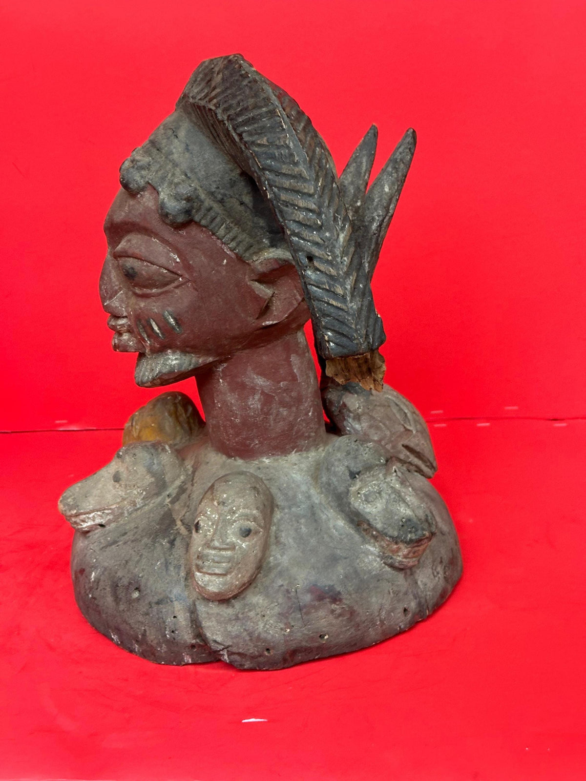 Vintage Yoruba Egungun Headdress Plateau Ancestor Mask Carved Wood Nigeria 16"